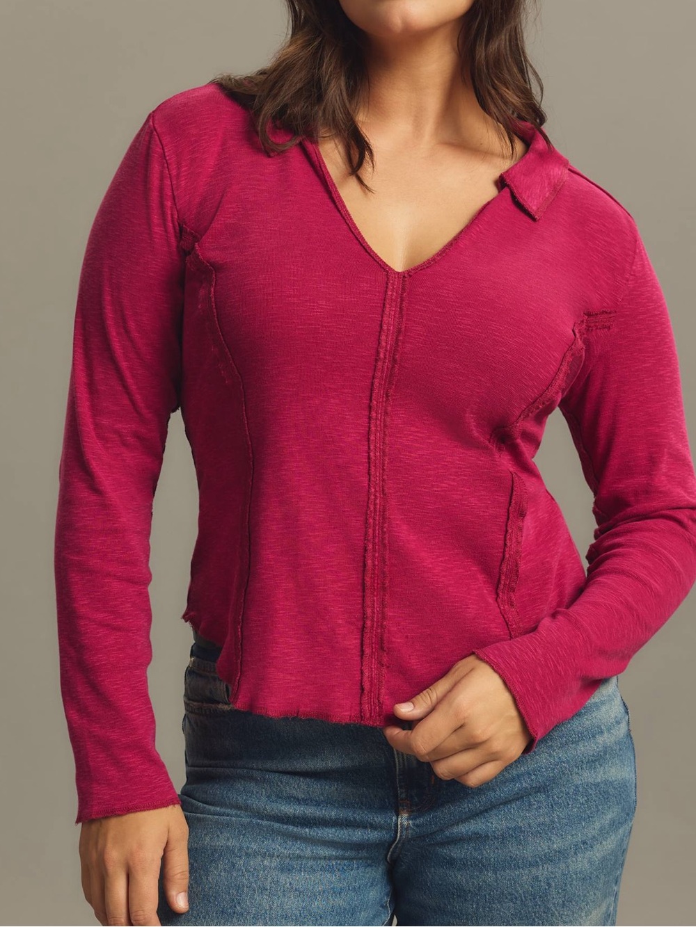 Pilcro Anthropologie Stitched Long-Sleeve Top in Rasberry